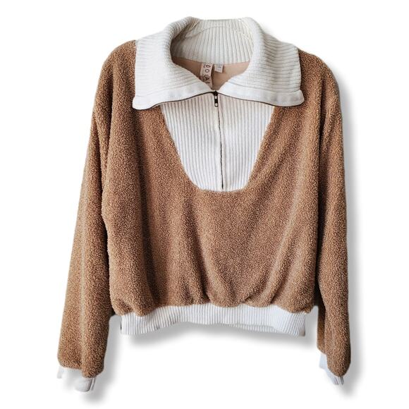 Anthropologie Women Dolan Sherpa Quarter Zip Pullover L Casual Neutral Cozy - Picture 2 of 12